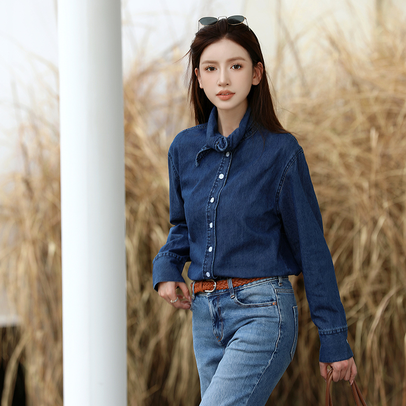 Women's Soft Long Sleeve Button Down Shirt with Large Point Collar