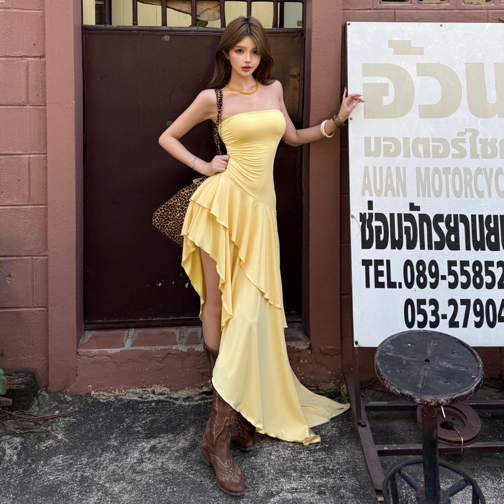 Sexy Slim Fit Ruffle Asymmetrical Tube Dress Evening Party Long Dress Women Vacation Dress