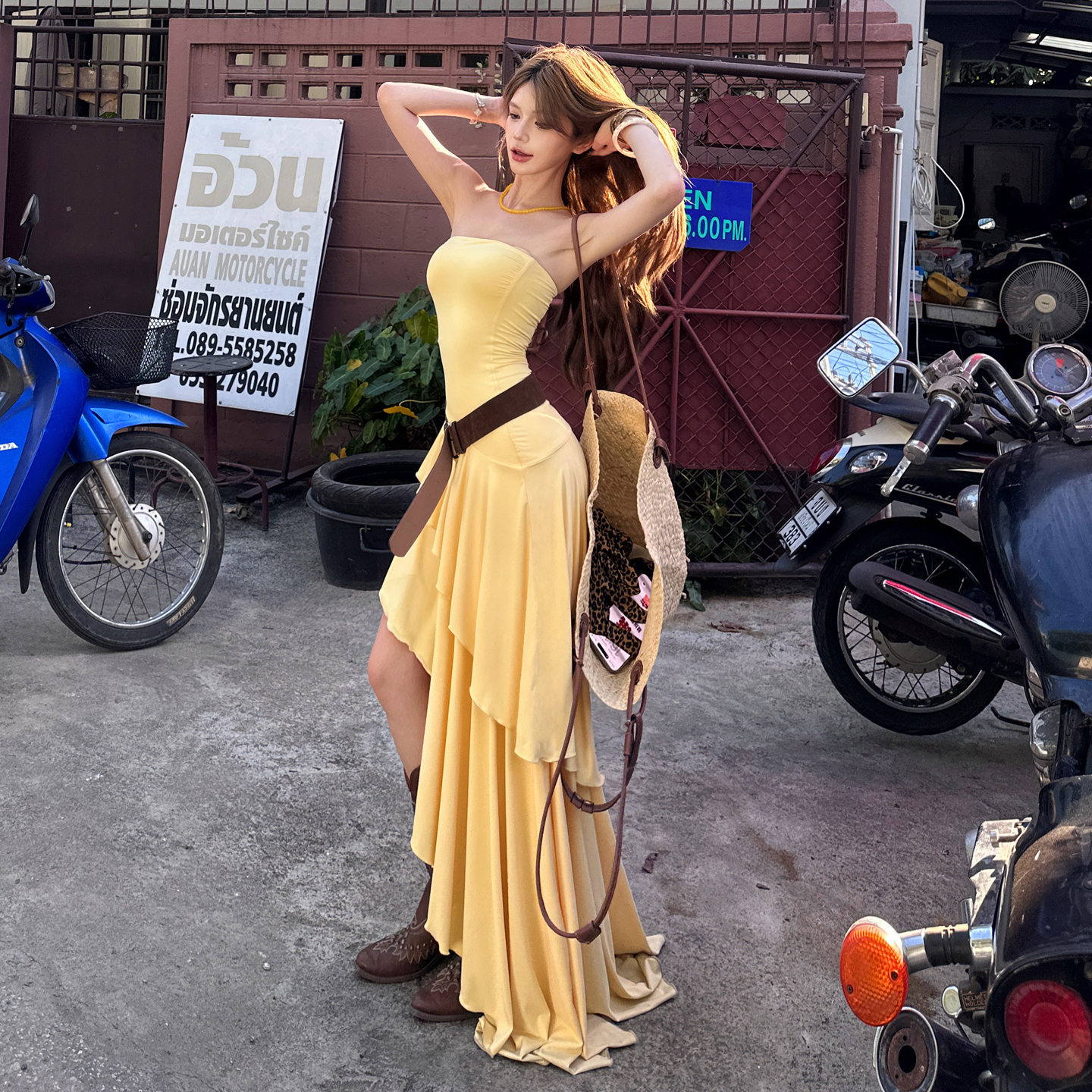 Sexy Slim Fit Ruffle Asymmetrical Tube Dress Evening Party Long Dress Women Vacation Dress - Image 5