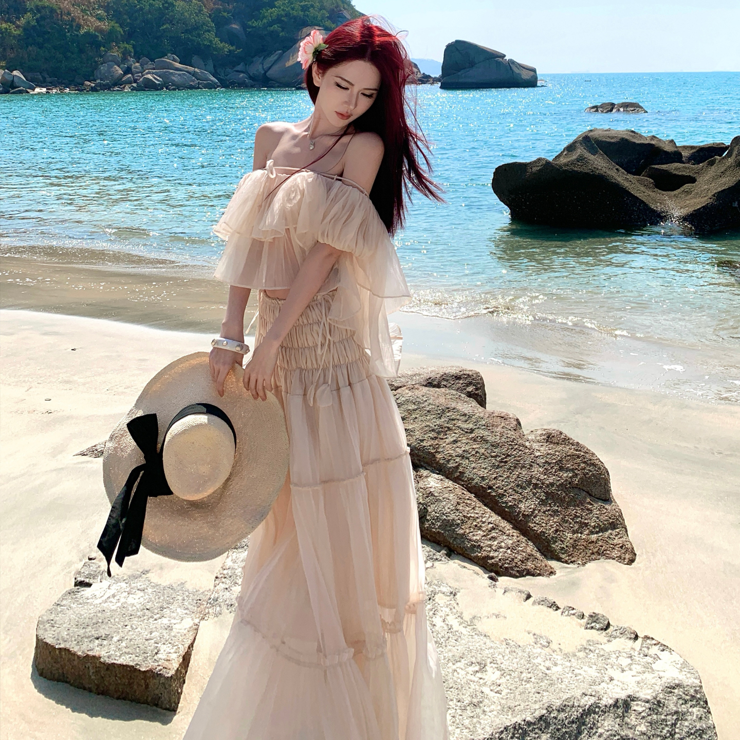 Off-Shoulder Top and Floor-Length Skirt Set Resort Island Style - Image 2