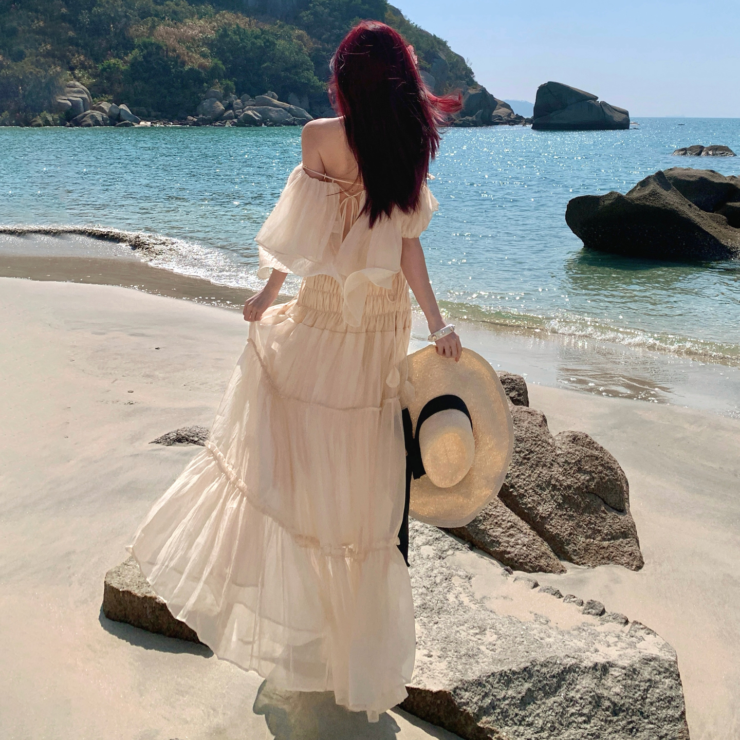 Off-Shoulder Top and Floor-Length Skirt Set Resort Island Style - Image 3
