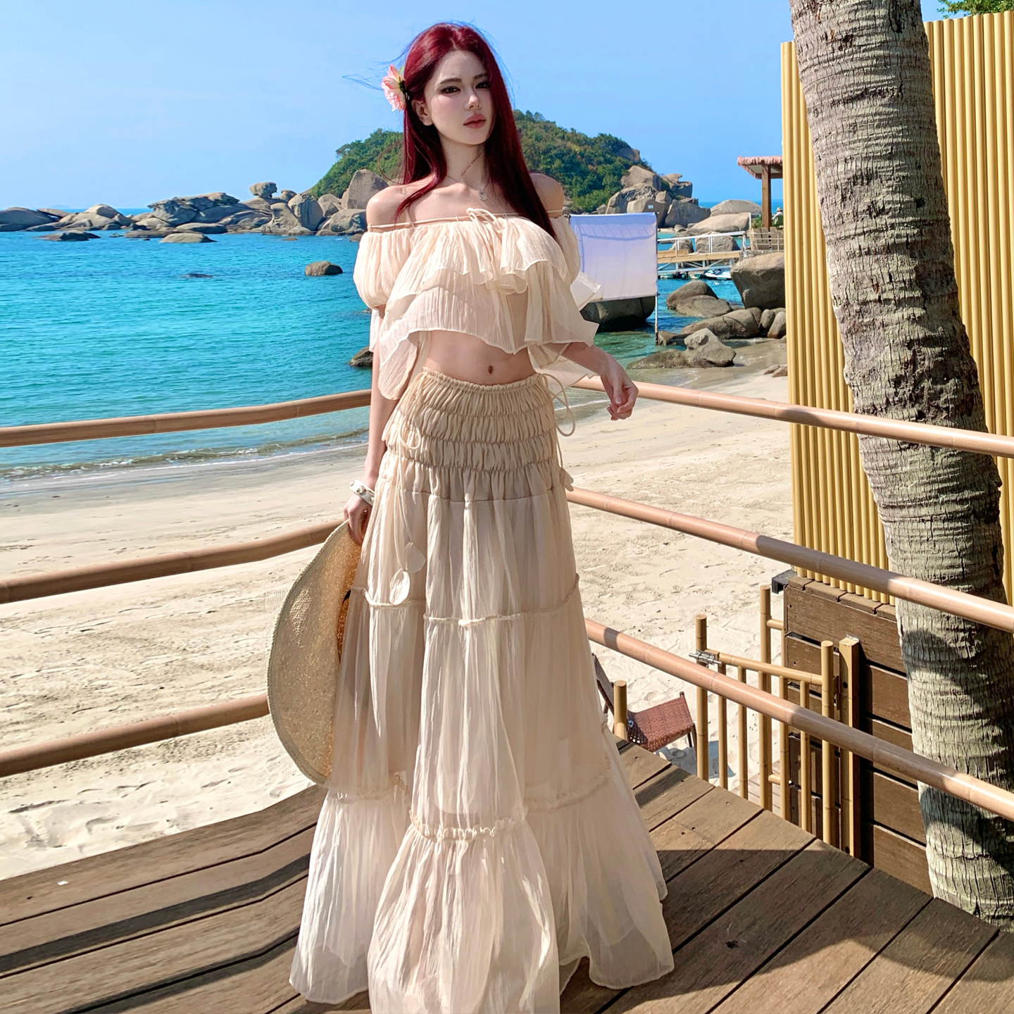 Off-Shoulder Top and Floor-Length Skirt Set Resort Island Style