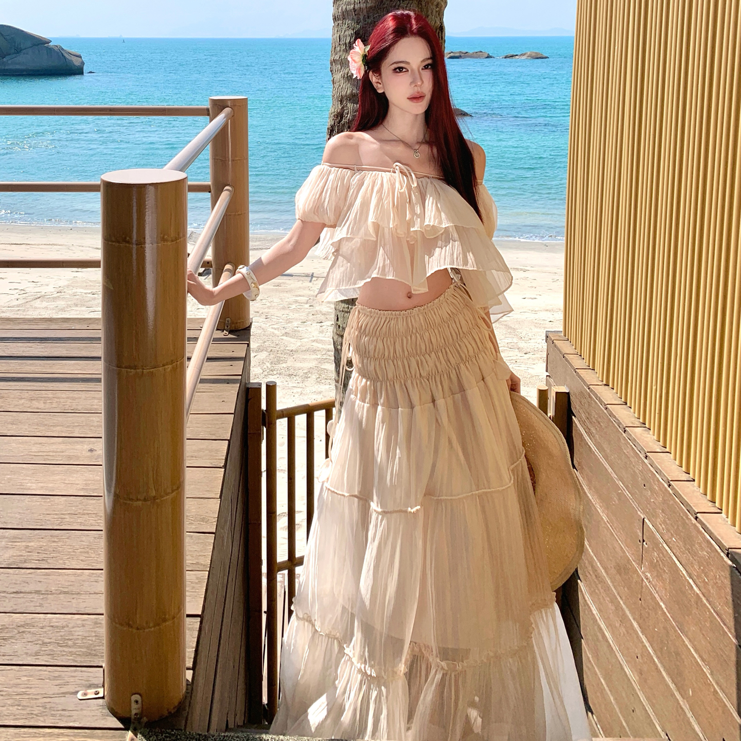 Off-Shoulder Top and Floor-Length Skirt Set Resort Island Style - Image 5