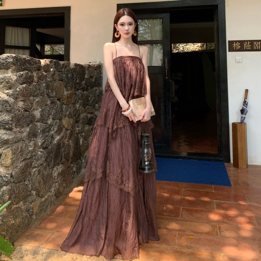 Brown Lace Cami Dress Women Spring Summer 2026 French Vintage