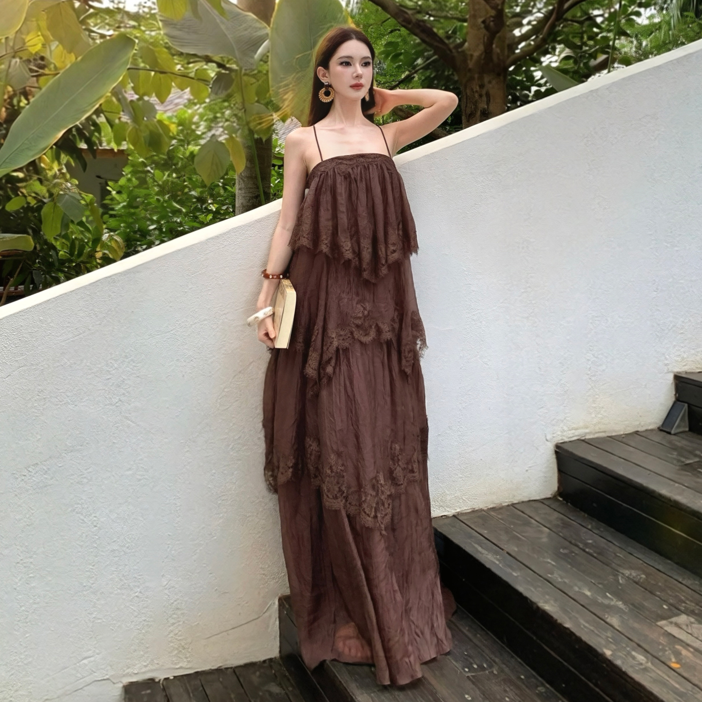 Brown Lace Cami Dress Women Spring Summer 2026 French Vintage - Image 3