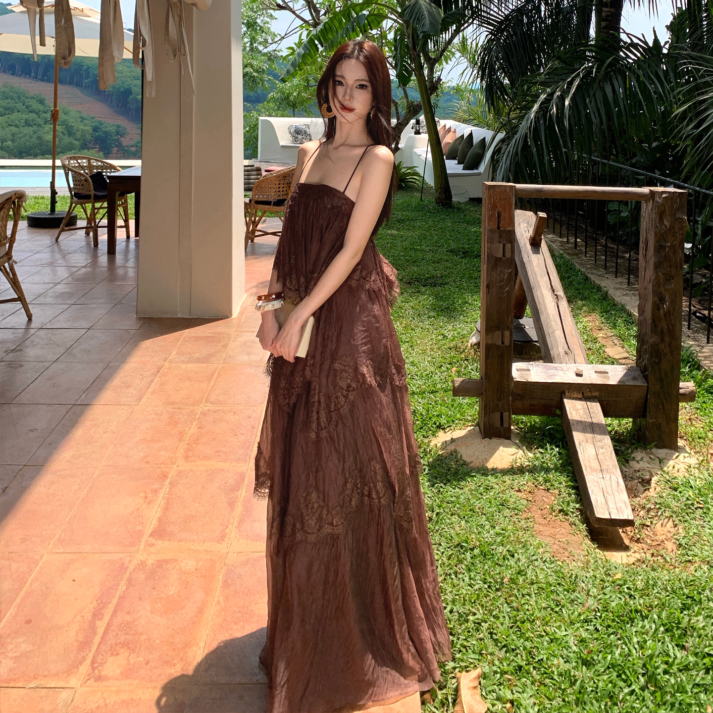 Brown Lace Cami Dress Women Spring Summer 2026 French Vintage - Image 5