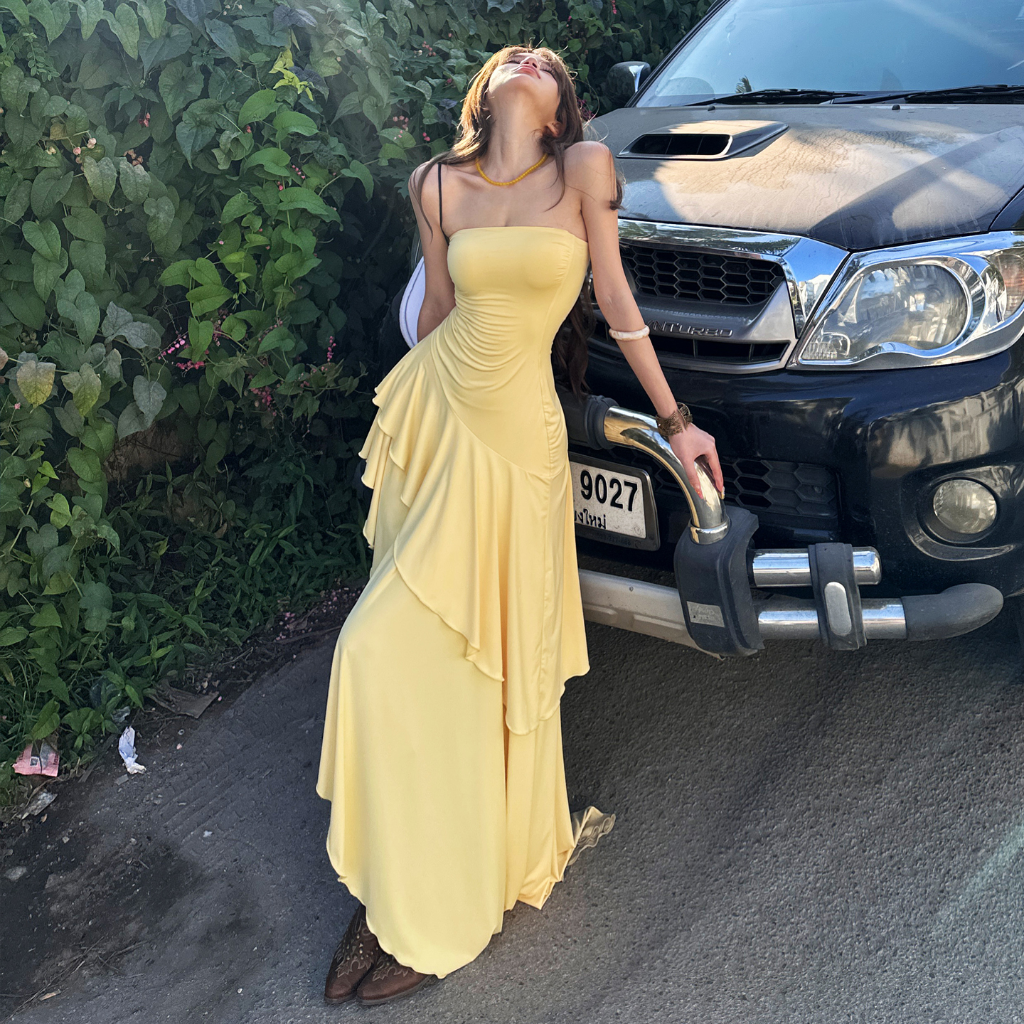 Sexy Slim Fit Ruffle Asymmetrical Tube Dress Evening Party Long Dress Women Vacation Dress - Image 4