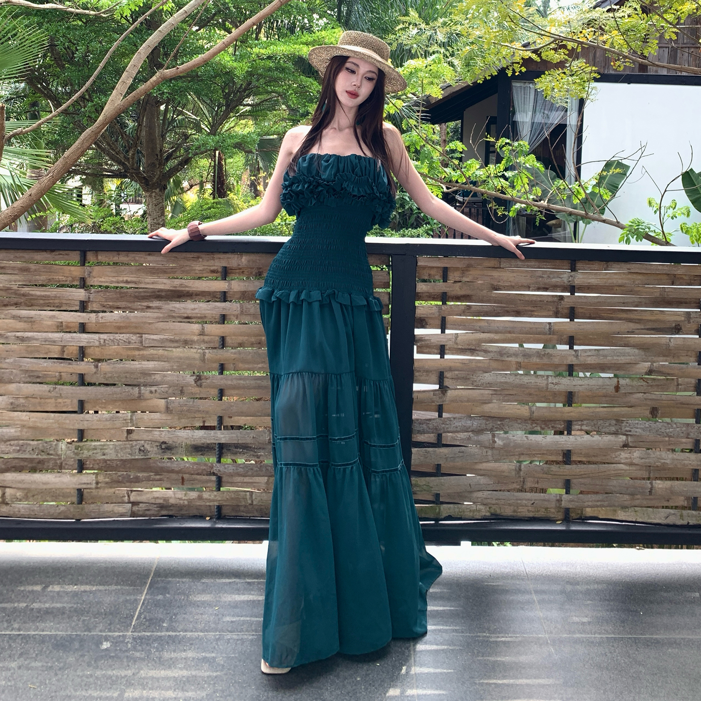 Women's Ruffled Strapless Dress Elegant Vacation Dress for Spring Summer - Image 3