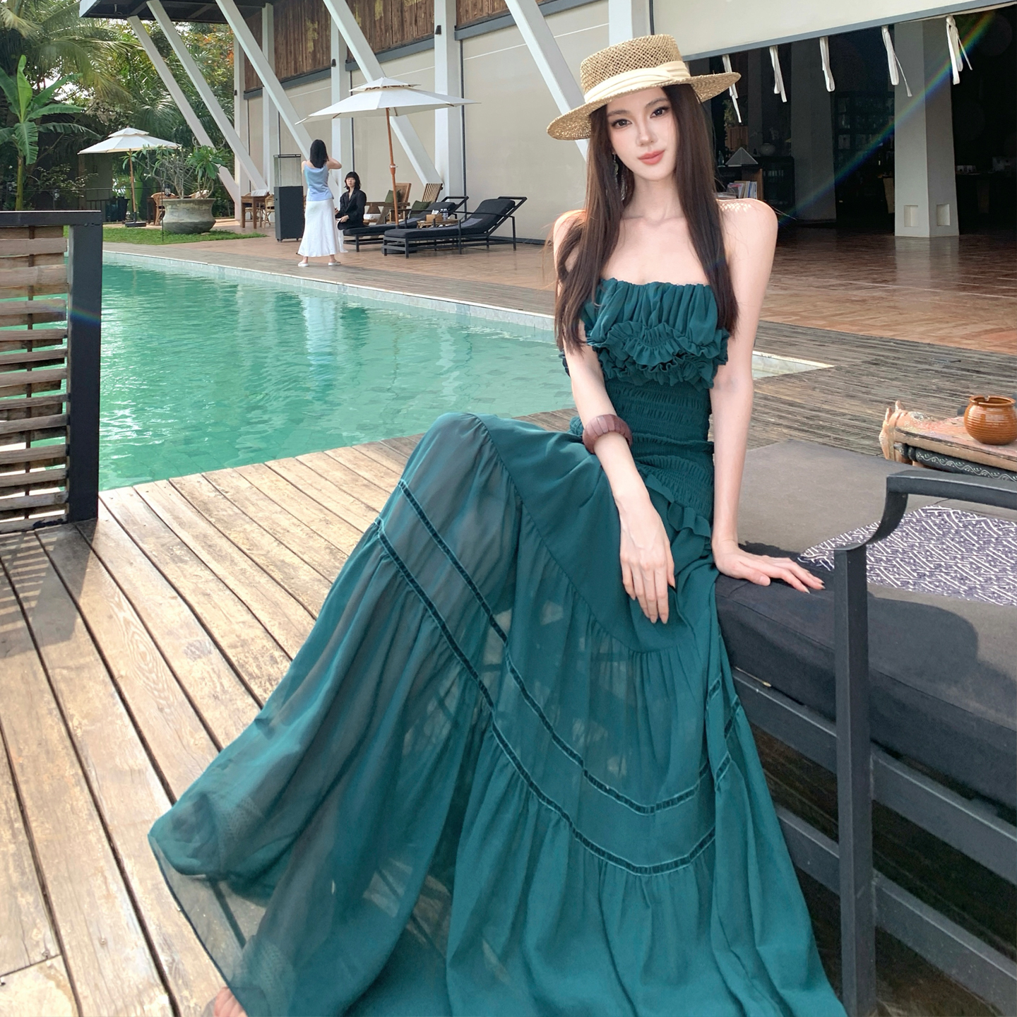 Women's Ruffled Strapless Dress Elegant Vacation Dress for Spring Summer - Image 2