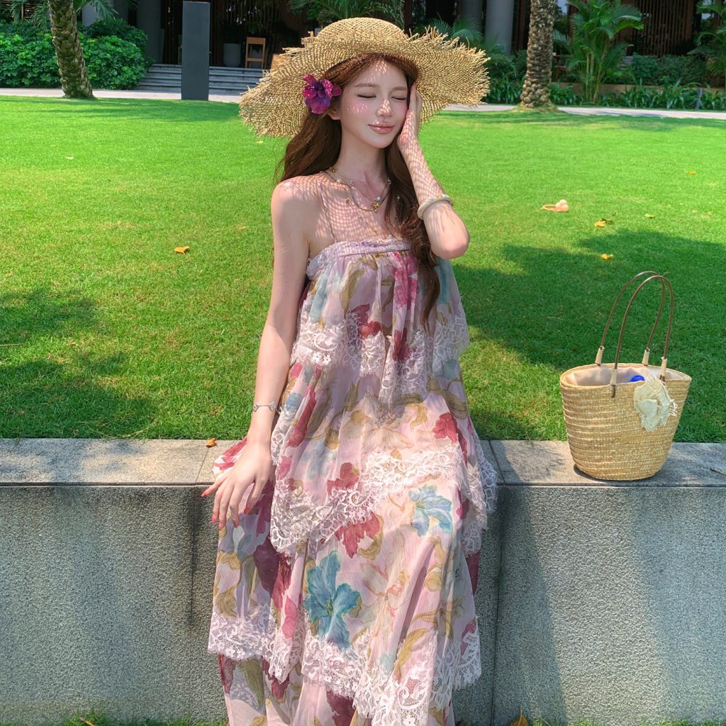 Art Student Bright Floral Lace Cami Dress Women Spring Summer Cake Long Dress