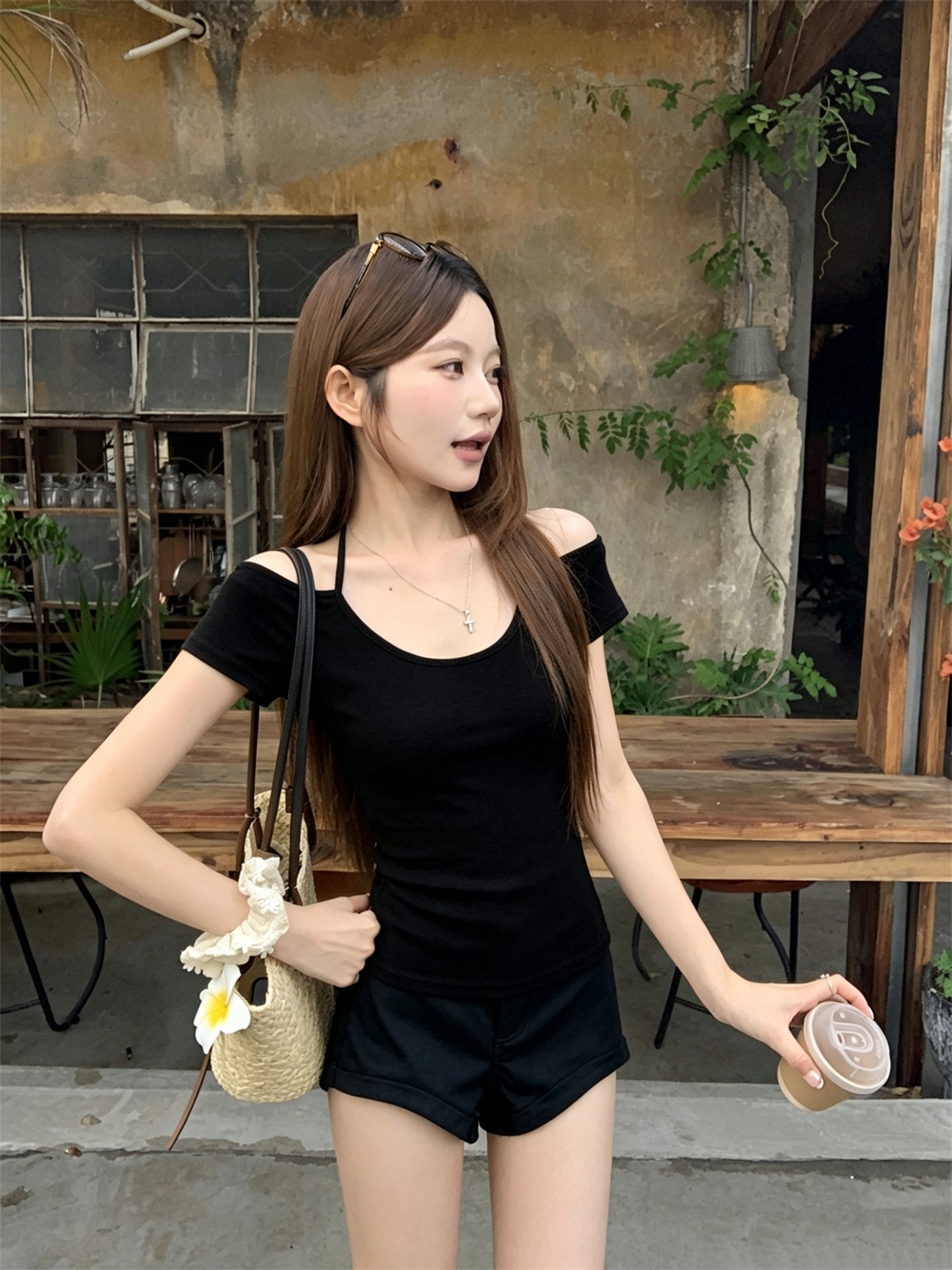 Women's Halter Off-Shoulder U-Neck Short Sleeve Top Slim Fit Solid