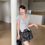 Women's Slim Fit Faux Two-Piece Drawstring Short Sleeve Top