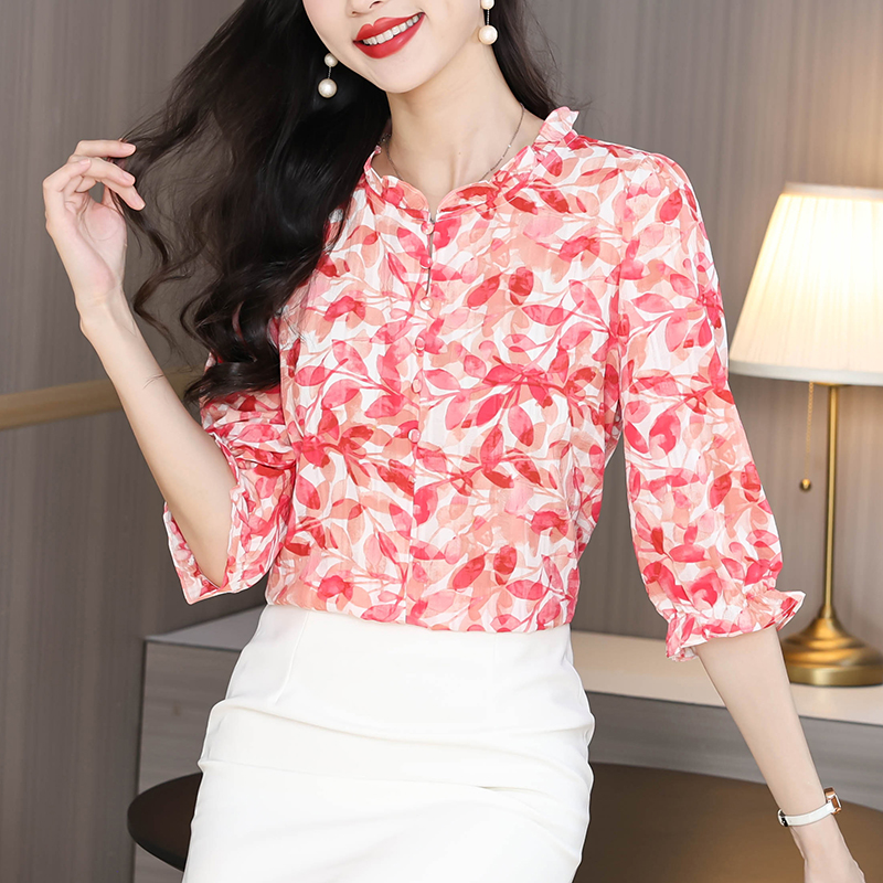 Women's Plus Size Floral Print Seven-Tenth Sleeve Blouse - Summer 2026