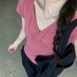 Berry Pink V-Neck Cross Design Slim Short Sleeve Top for Women