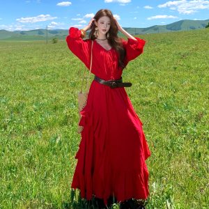 French Vintage Red V-Neck Drawstring Ruffle Dress with Belt