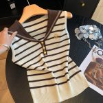 Women's Navy Collar Striped Knit Sweater 2026 Summer Korean Style Slimming Casual Top