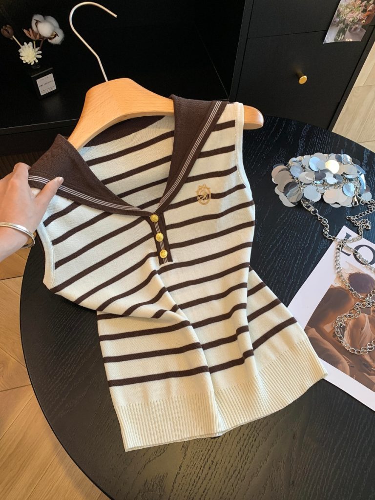 Women's Navy Collar Striped Knit Sweater 2026 Summer Korean Style Slimming Casual Top