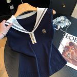 Retro Embroidered Sailor Collar Ice Silk Knit Top Women 2026 Summer Slim Sleeveless Doll Top