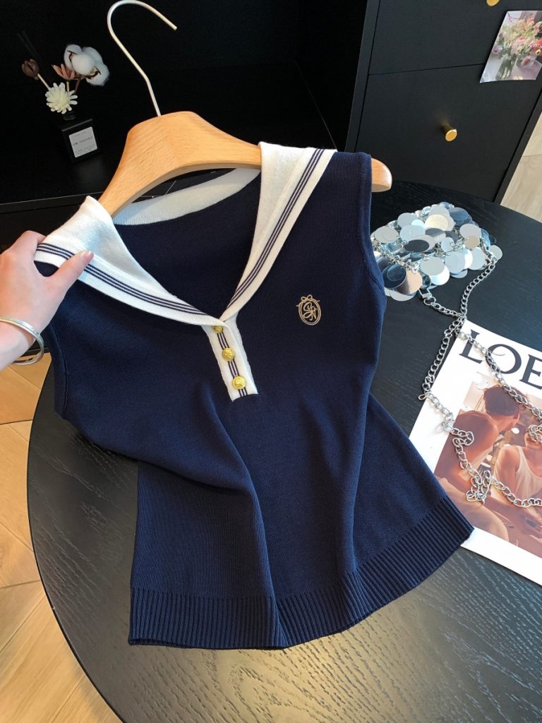 Retro Embroidered Sailor Collar Ice Silk Knit Top Women 2026 Summer Slim Sleeveless Doll Top
