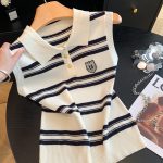 Preppy Striped Turn-Down Collar Sleeveless Knit Vest for Women Loose Fit 2026 Summer Korean Style Versatile Camisole Top