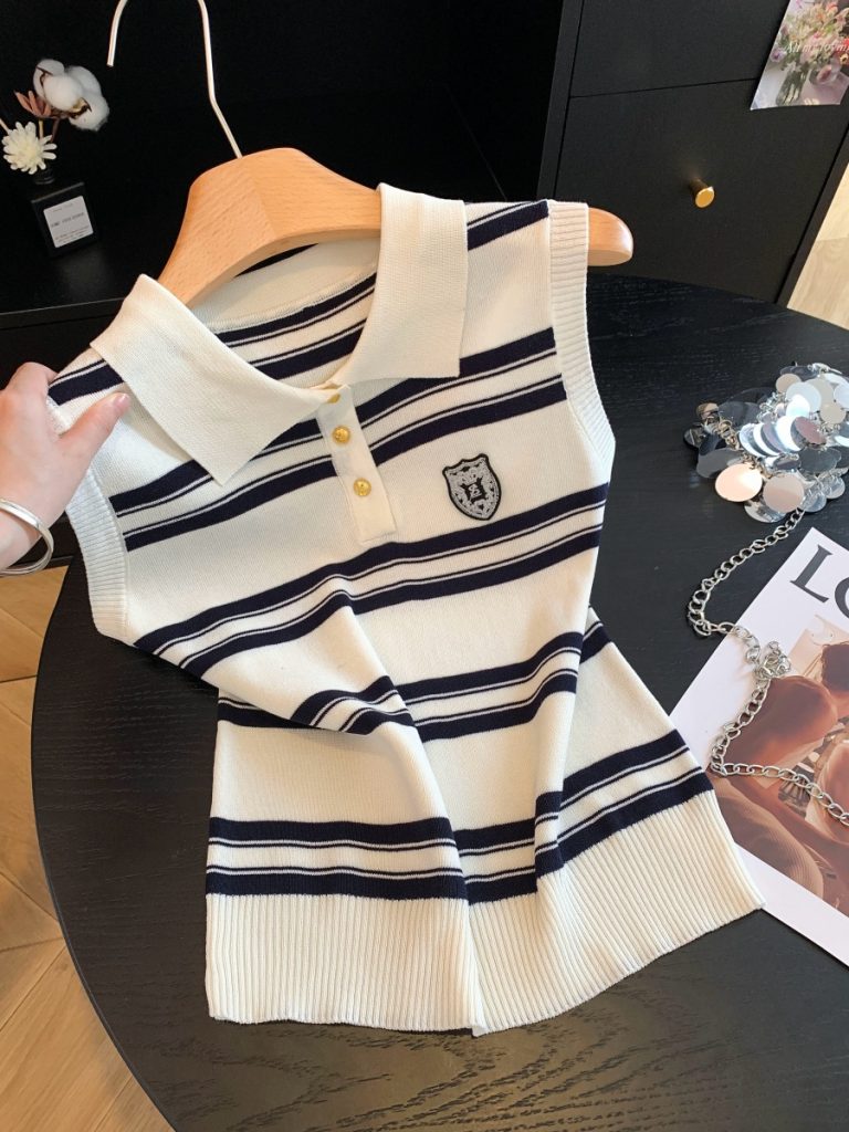 Preppy Striped Turn-Down Collar Sleeveless Knit Vest for Women Loose Fit 2026 Summer Korean Style Versatile Camisole Top