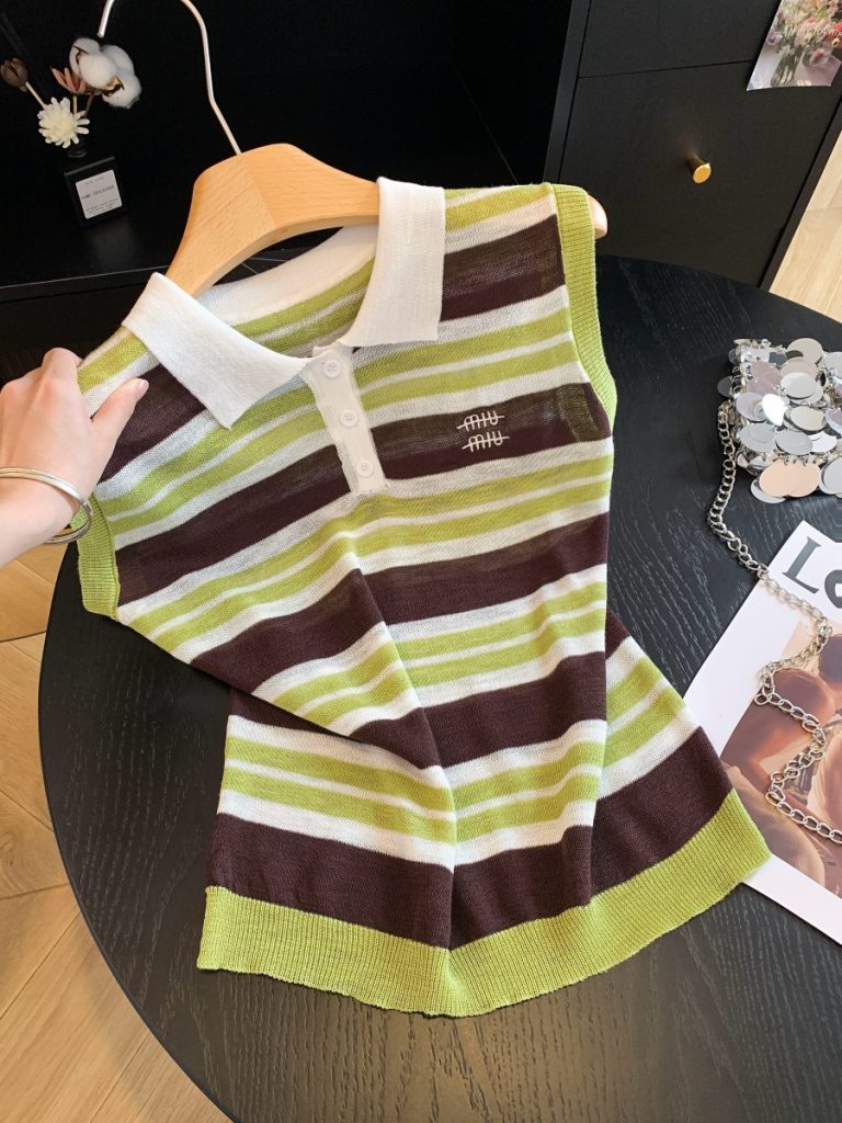 Women's Striped Lapel Sleeveless Knit T-Shirt Lightweight Letter Embroidery Summer Chic Top