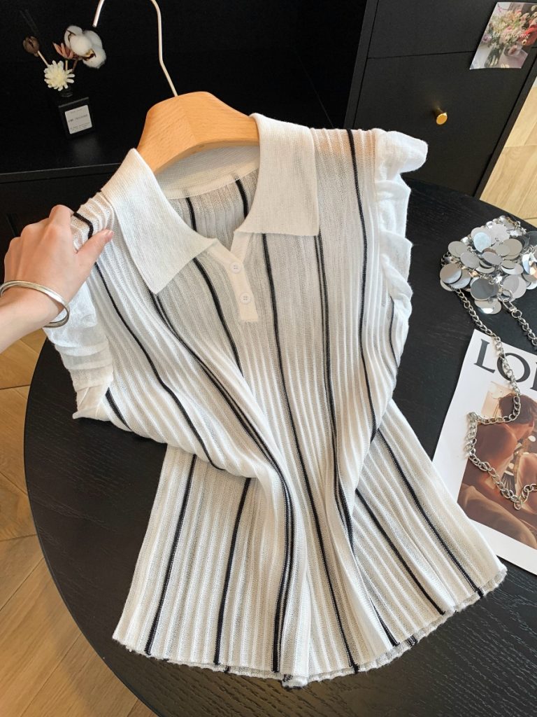 Women's Lightweight Striped Knit Top with Ruffled Sleeves and Collar - Summer 2026