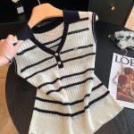 Women's French Collar Color Block Sleeveless Knit Polo Top Summer 2026 Slim Fit Striped Vest