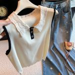 French Lace Trim Turn-Down Collar Cap Sleeve T-Shirt Women 2026 Summer Color Block Light Mature Versatile Top