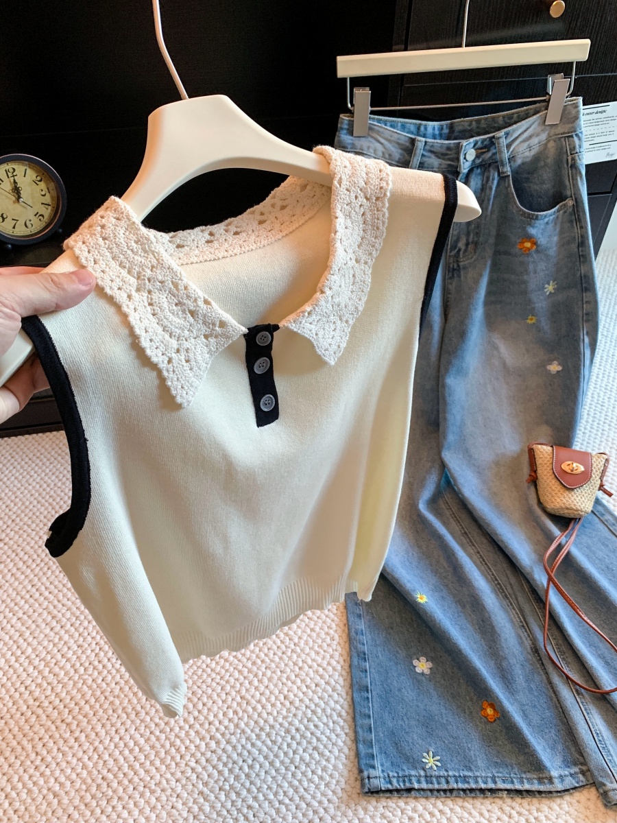 French Lace Trim Turn-Down Collar Cap Sleeve T-Shirt Women 2026 Summer Color Block Light Mature Versatile Top