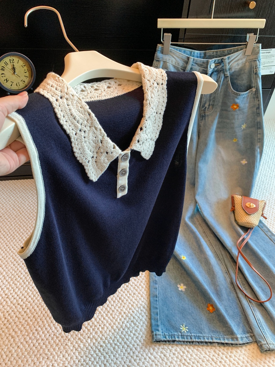 French Lace Trim Turn-Down Collar Cap Sleeve T-Shirt Women 2026 Summer Color Block Light Mature Versatile Top - Image 2