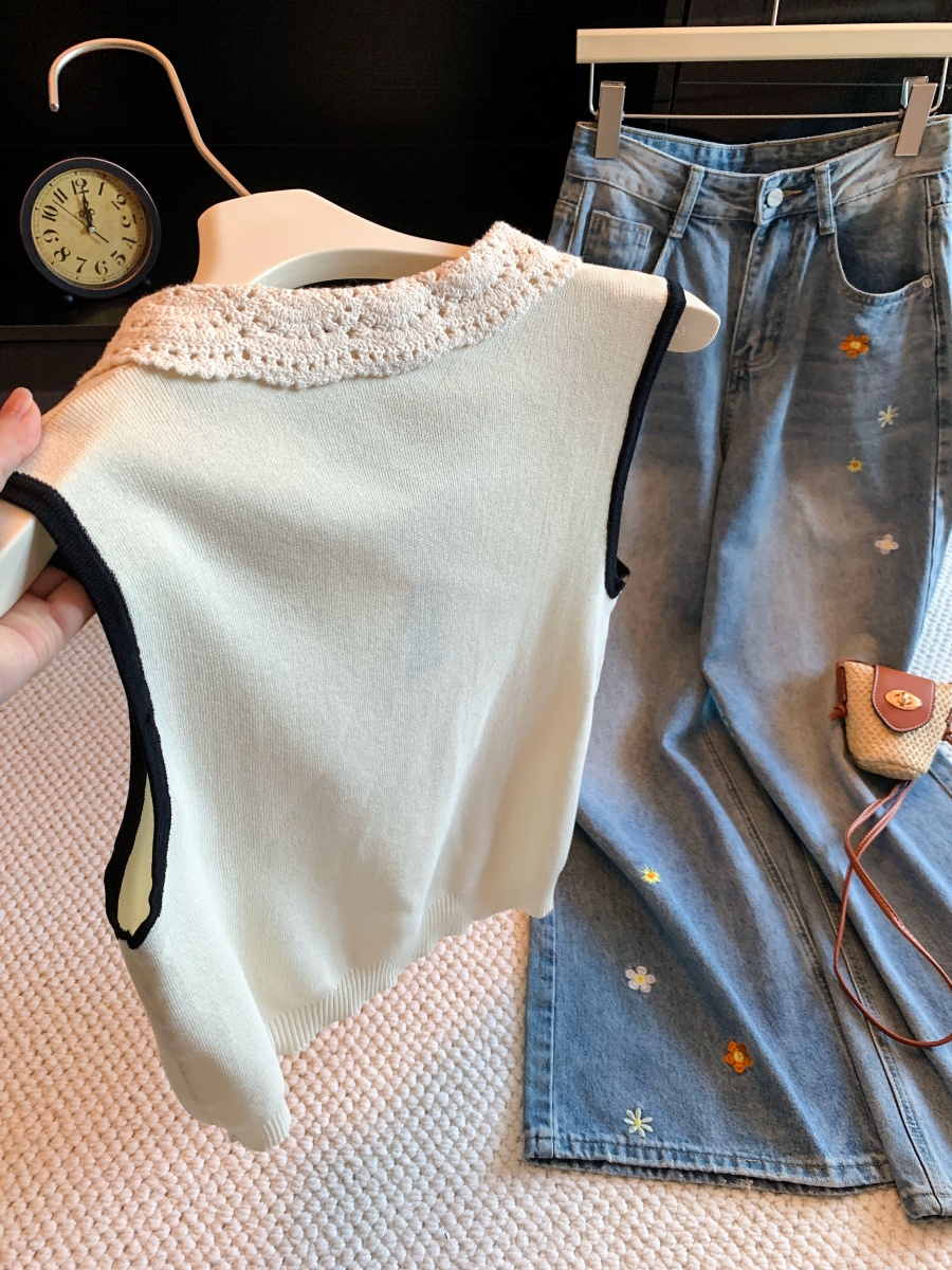 French Lace Trim Turn-Down Collar Cap Sleeve T-Shirt Women 2026 Summer Color Block Light Mature Versatile Top - Image 3