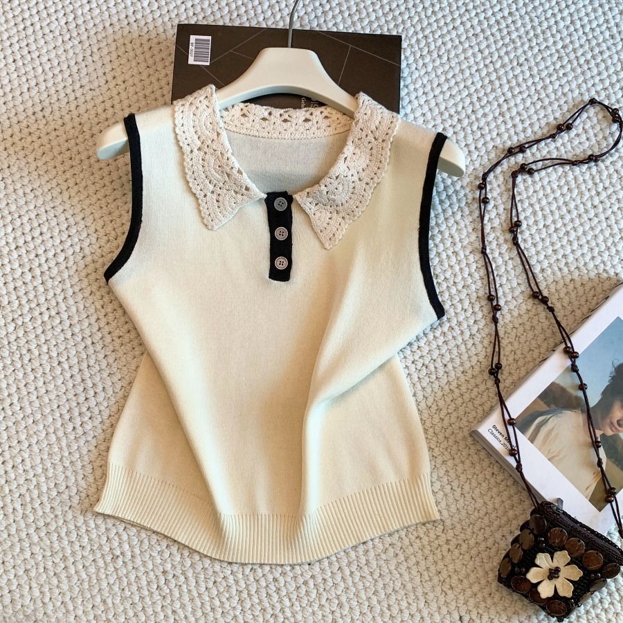 French Lace Trim Turn-Down Collar Cap Sleeve T-Shirt Women 2026 Summer Color Block Light Mature Versatile Top - Image 5