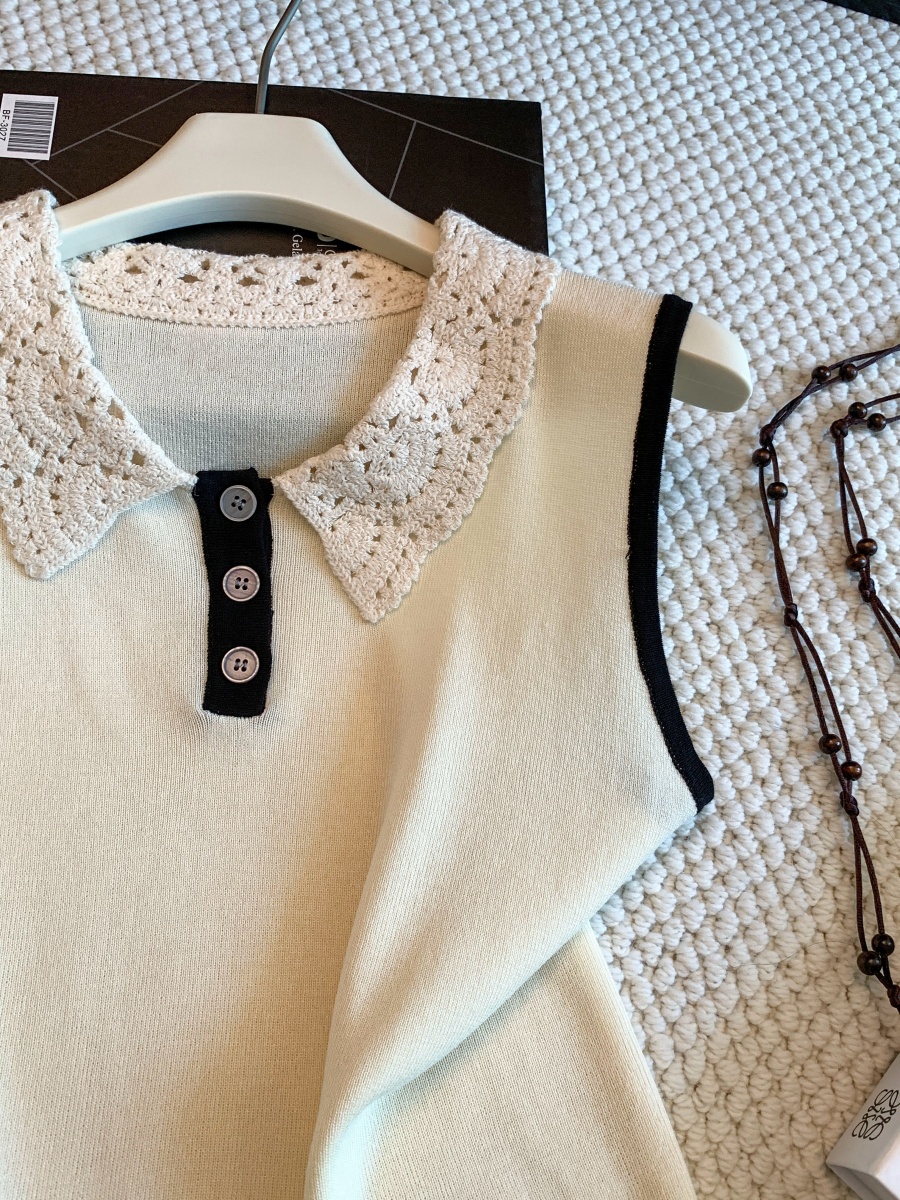 French Lace Trim Turn-Down Collar Cap Sleeve T-Shirt Women 2026 Summer Color Block Light Mature Versatile Top - Image 4