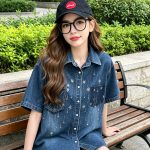 Women's Denim Short Sleeve Shirt with Rhinestones Loose Fit Summer Top