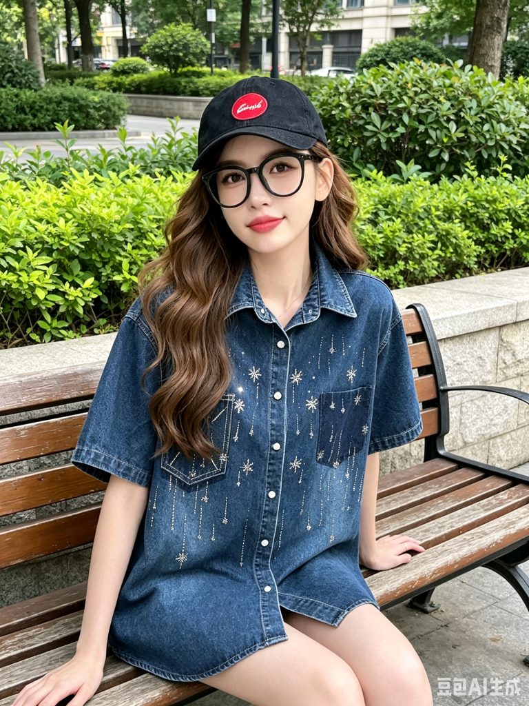 Women's Denim Short Sleeve Shirt with Rhinestones Loose Fit Summer Top