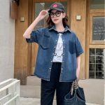 Women's Loose Retro Denim Shirt Short Sleeve Soft Cotton Blend Top