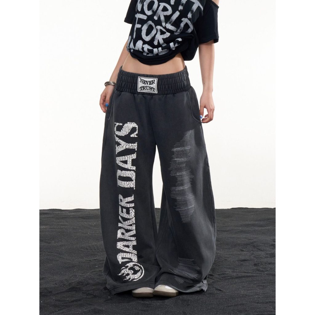 Women's Cotton Blend Wide Leg Pants Letter Print Loose Straight Casual Trousers