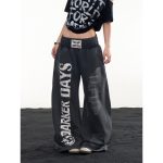 Women's Cotton Blend Wide Leg Pants Letter Print Loose Straight Casual Trousers