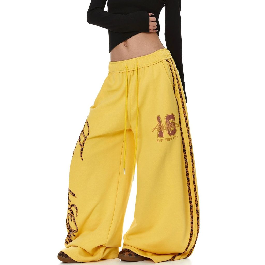 Women's Cotton Blend Leopard Print Letter Striped Wide Leg Casual Pants