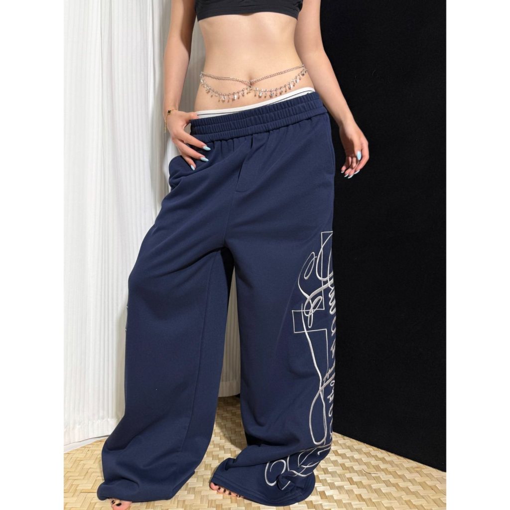 Navy Blue Cotton Embroidered Letter Wide Leg Sweatpants for Women Casual