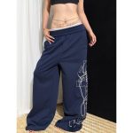 Navy Blue Cotton Embroidered Letter Wide Leg Sweatpants for Women Casual