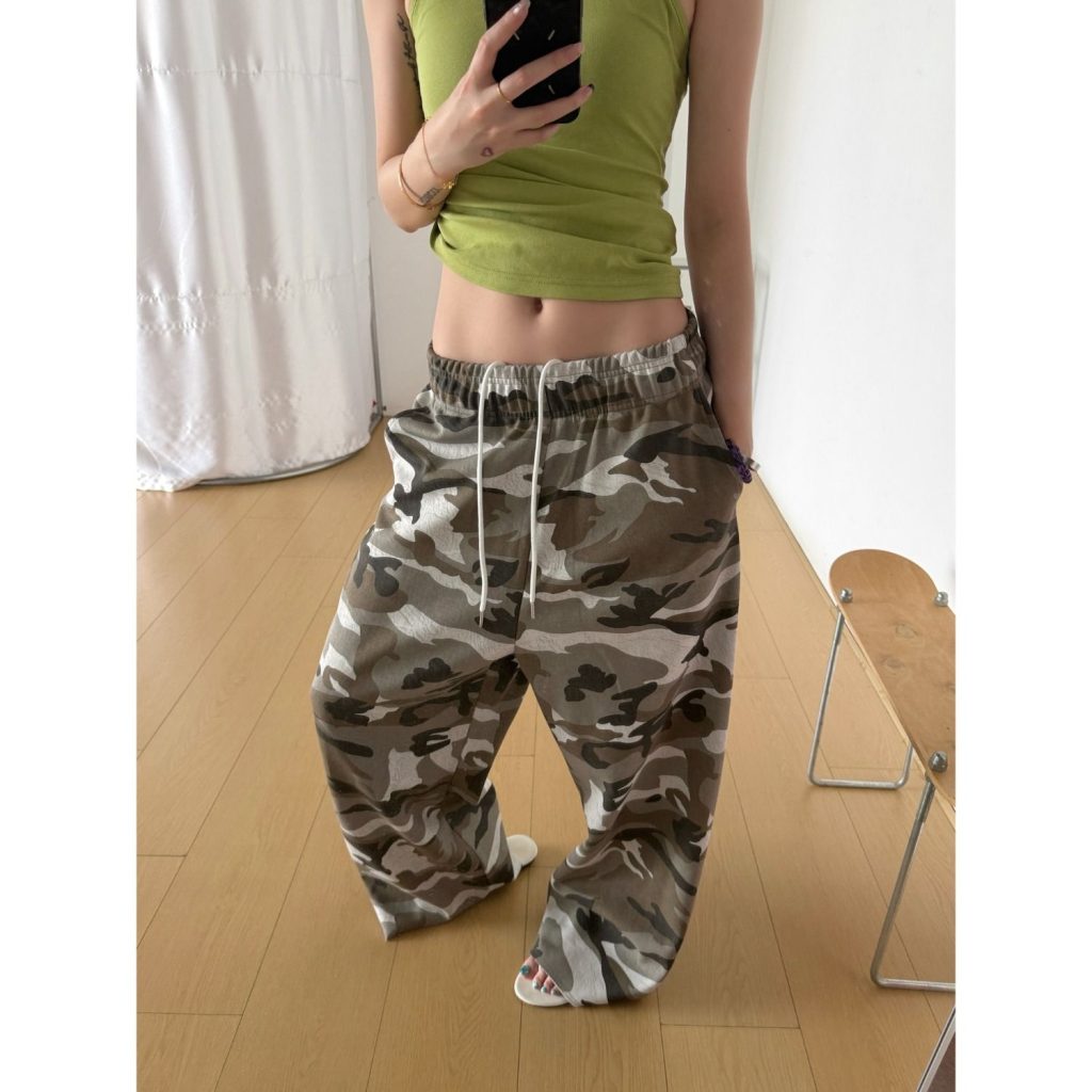 Women Camo Drawstring Wide Leg Pants Casual Loose Streetwear