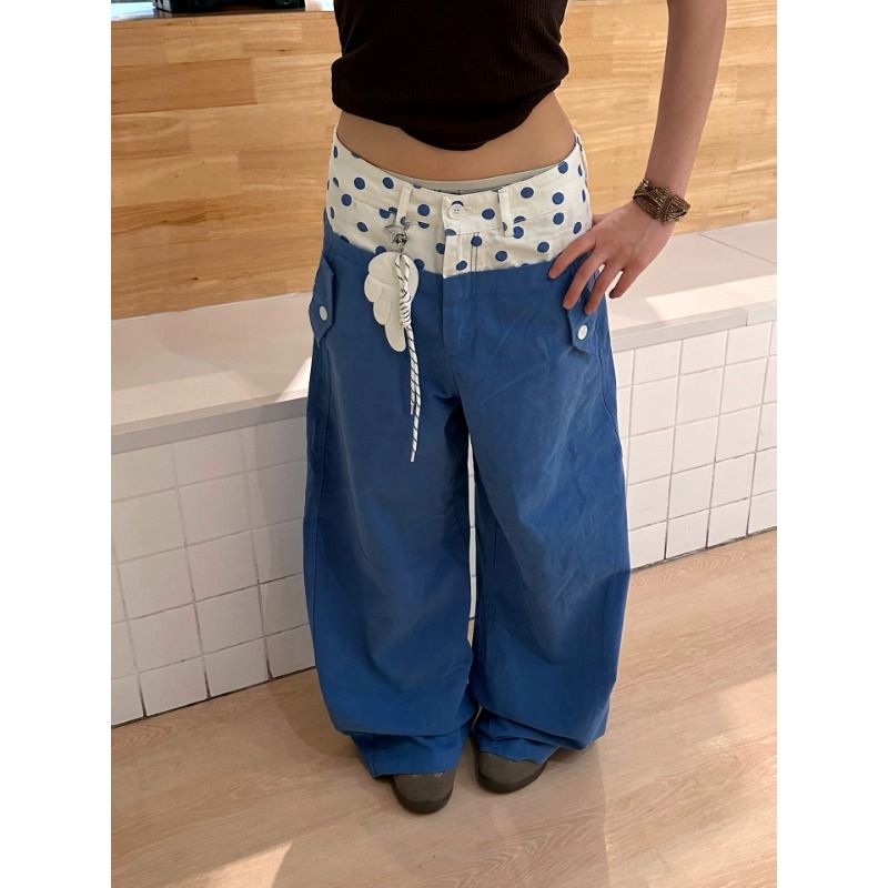 Women's Washed Cotton Polka Dot Spliced Wide Leg Jeans with Pendant
