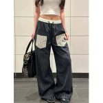 Women's Loose Straight Plaid Casual Pants with Patch Pockets