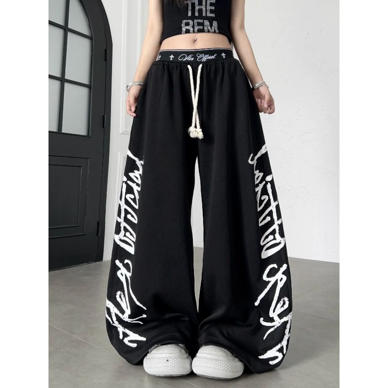Women's Cotton Blend Wide Leg Casual Pants with Letter Print and Ribbed Waistband