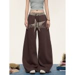 Women's Wide Leg Pants with Star Leopard Embroidery and Drawstring
