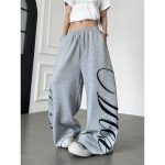 Cotton Blend Beaded Letter Print Wide Leg Casual Pants for Women