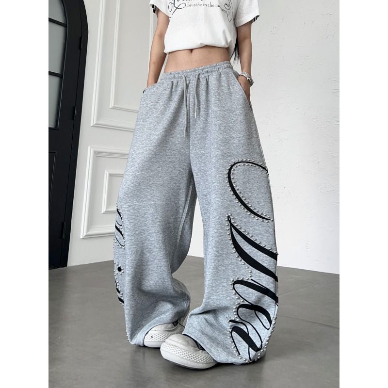 Cotton Blend Beaded Letter Print Wide Leg Casual Pants for Women